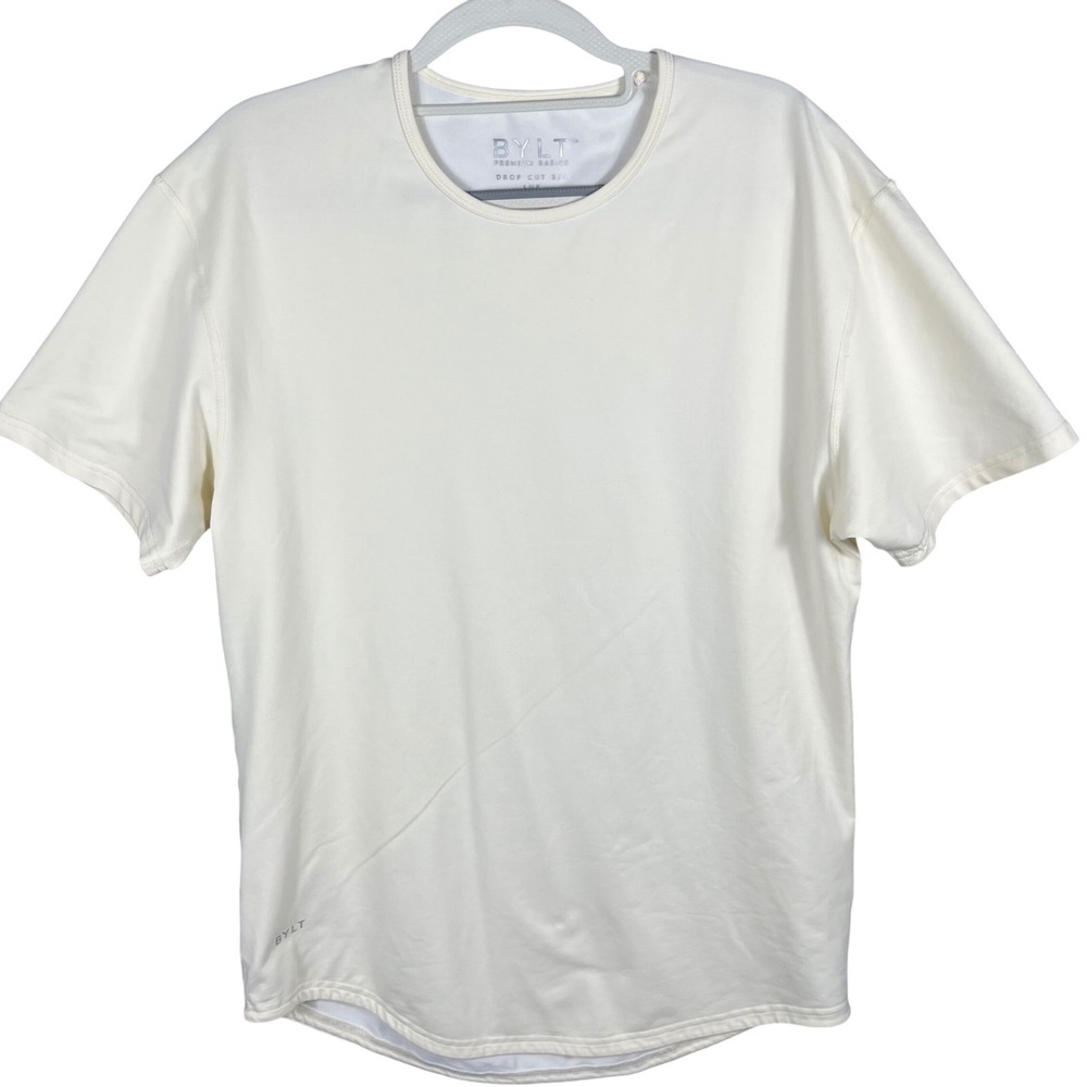 BYLT Drop Cut Lux Tee Mens Large Cream Short Sleeve Curved Hem Athletic Shirt